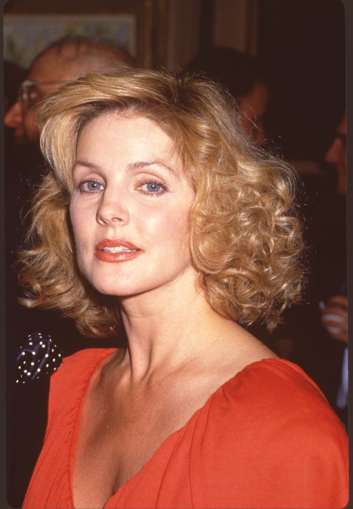 Priscilla Presley close-up photo print in red top
