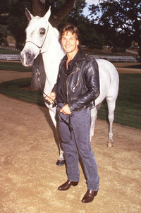 Patrick Swayze photo print in leather jacket with white horse.