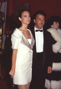 Lisa Hoffman in white jacket dress with Dustin Hoffman in tuxedo photo print.