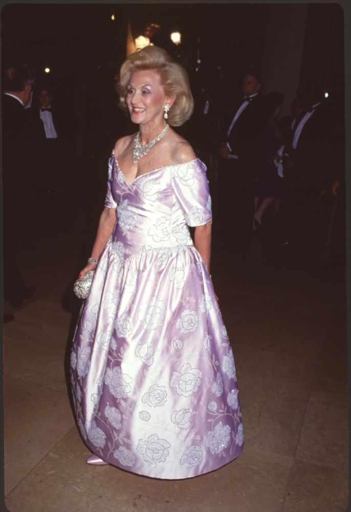 Barbara Davis in off-shoulder pink floral gown at 1992 Carousel of Hope Ball photo print.