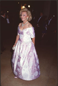 Barbara Davis in off-shoulder pink floral gown at 1992 Carousel of Hope Ball photo print.
