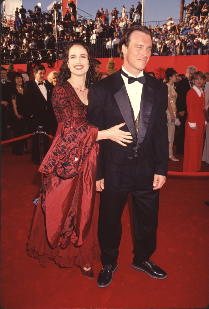 Andie Macdowell in red beaded dress and Paul J. Qualley in tuxedo at the 67th Academy Awards photo print.