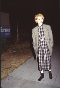 Geena Davis in black and white plaid dress photo print