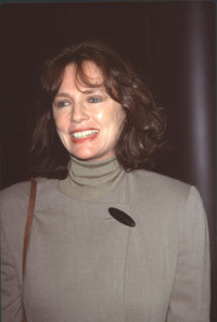 Jacqueline Bisset close-up photo print in gray turtleneck and blazer