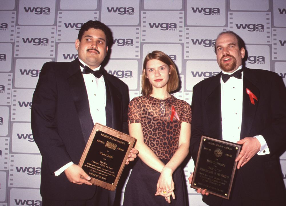 Photo print of David Mills, Claire Danes, and David Simon at the Writers Guild Awards