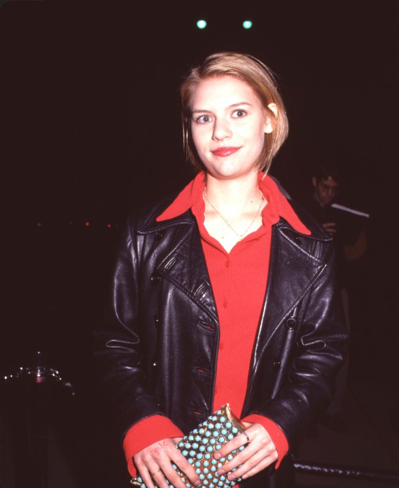 Claire Danes in a red button-down shirt and black leather jacket photo print.