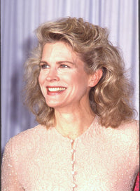 Candice Bergen close-up photo print in pink button down top