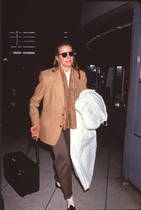 Candice Bergen photo print in tan jacket at LAX