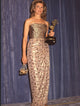 Candice Bergen holding an award in a strapless gold animal print dress photo print