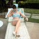 Natalie Wood photo print in blue and white striped bikini, vintage glamour.