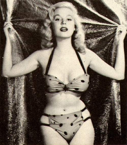 Betty Brosmer in a polka dot bikini photo print capturing 1950s glamour.