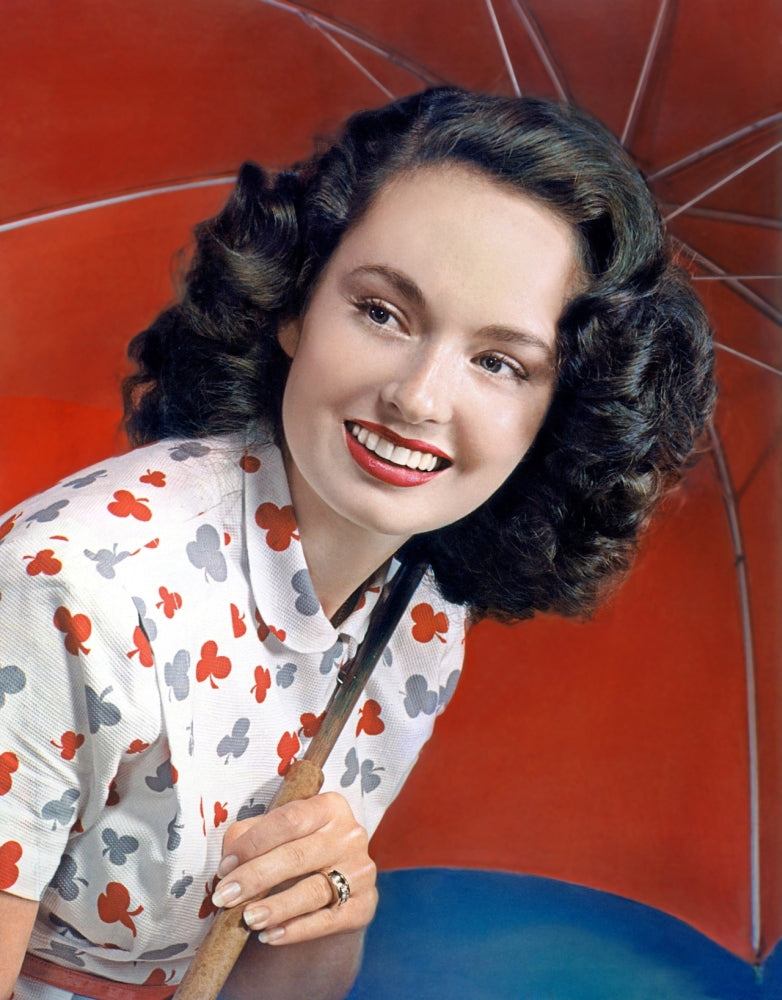 Ann Blyth Red Umbrella Photo Print showcasing classic cinema elegance.