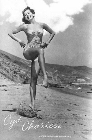 Cyd Charisse dancing on the beach photo print capturing classic Hollywood elegance