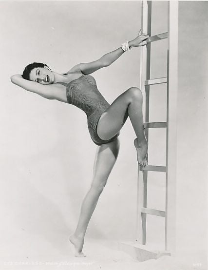 Cyd Charisse Leg on Ladder Photo Print showcasing classic Hollywood elegance.