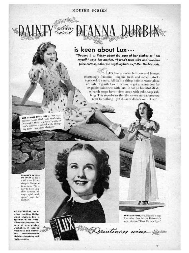 Deanna Durbin magazine excerpt photo print showcasing classic Hollywood charm.