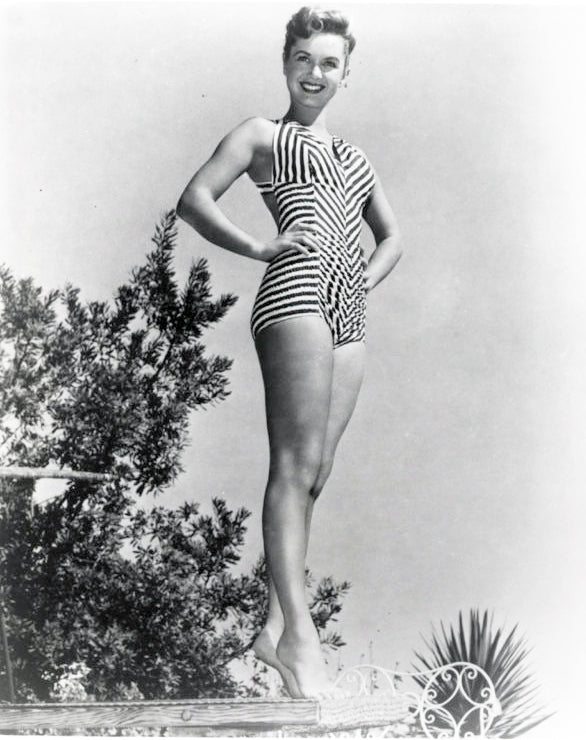 Debbie Reynolds in a stylish striped one-piece photo print