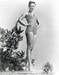 Debbie Reynolds in a stylish striped one-piece photo print