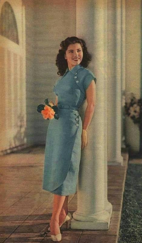 Debra Paget photo print in blue dress with orange flower.