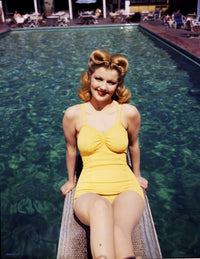 Dolores Moran in yellow bikini on diving board vintage photo print.