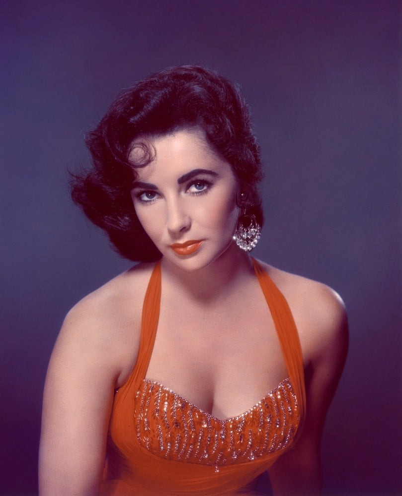 Elizabeth Taylor in Red Dress Photo Print with Blue Background
