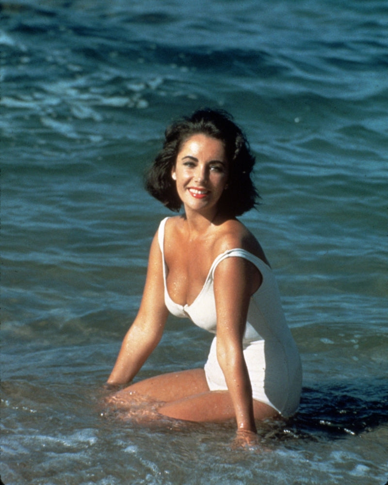Elizabeth Taylor Kneeling in Ocean Photo Print - Classic Hollywood Image