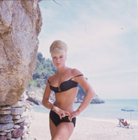 Black bikini photo print of Elke Sommer on the beach.