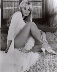 Elke Sommer Sitting on Hay Stack Photo Print showcasing classic beauty.