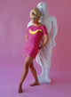 Elke Sommer leaning on statue photo print, classic vintage art.