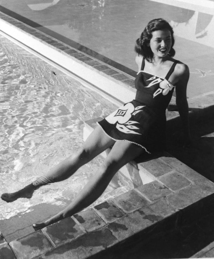 Gene Tierney Floral Bathing Suit Photo Print with Feet in Pool