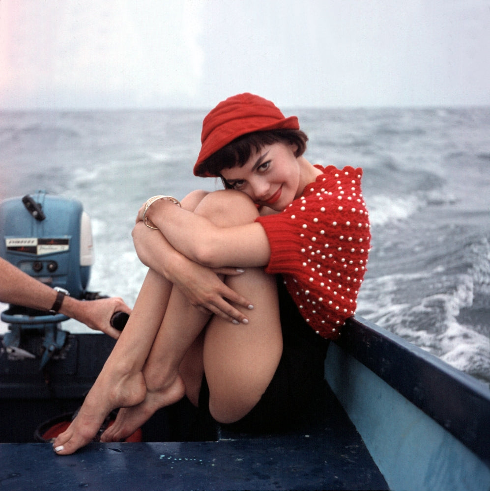 Natalie Wood wearing a polka dot sweater on a boat - classic Hollywood photo print.