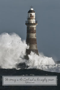 Waves Crashing Into Lighthouse with Scripture Verse Art Print by Tim Antoniuk