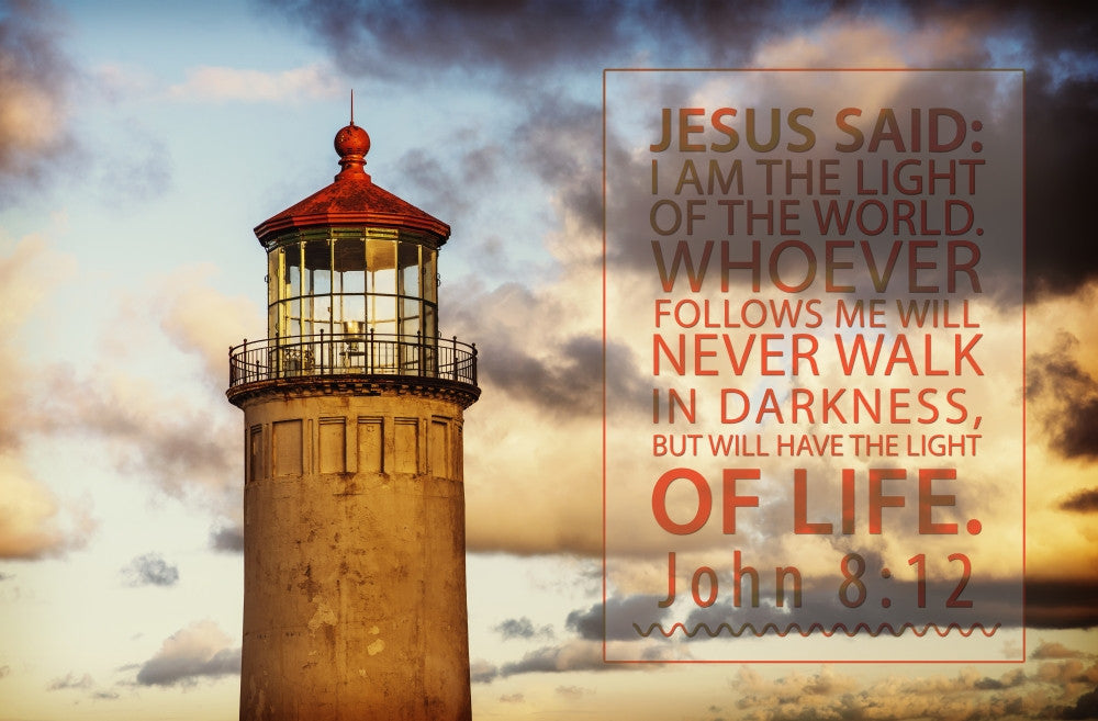 Lighthouse Under Glowing Clouds with John 8:12 Scripture Fine Art Print by Tim Antoniuk
