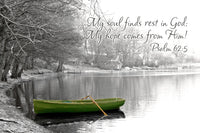 Tranquil Winter Lake with Green Boat and Psalms 62:5 Print by Tim Antoniuk