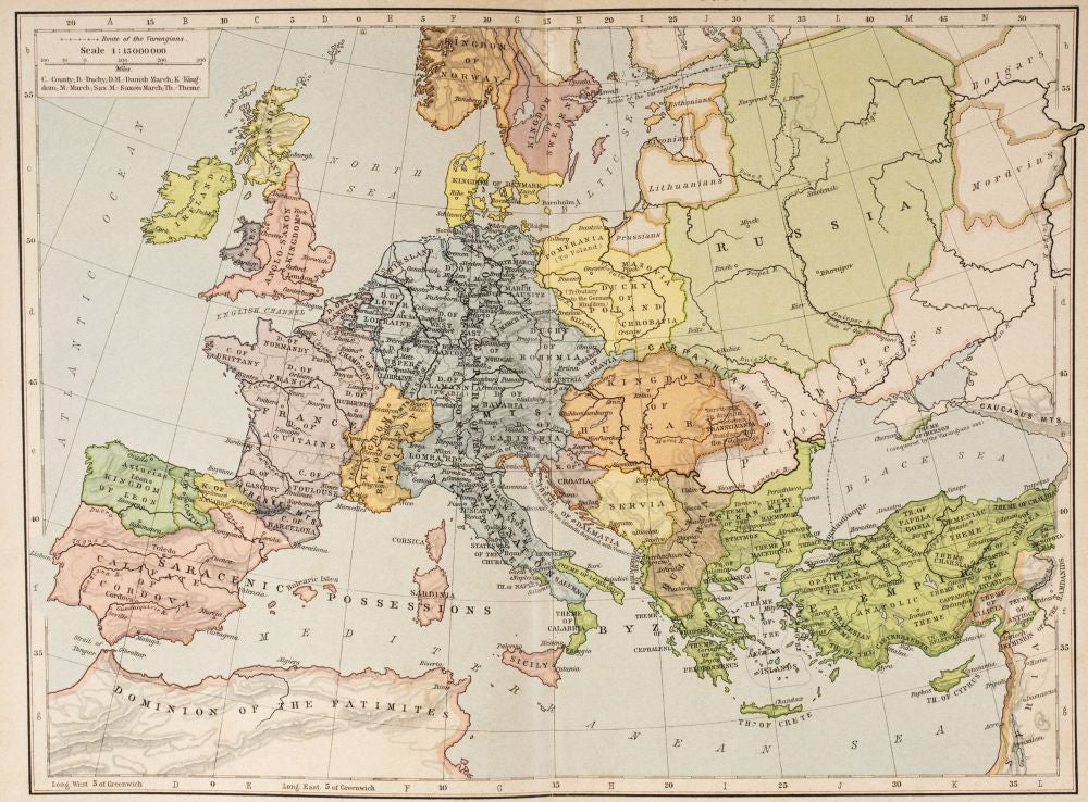 Map of Europe and the Byzantine Empire, c.1000 Poster Print by Ken Welsh
