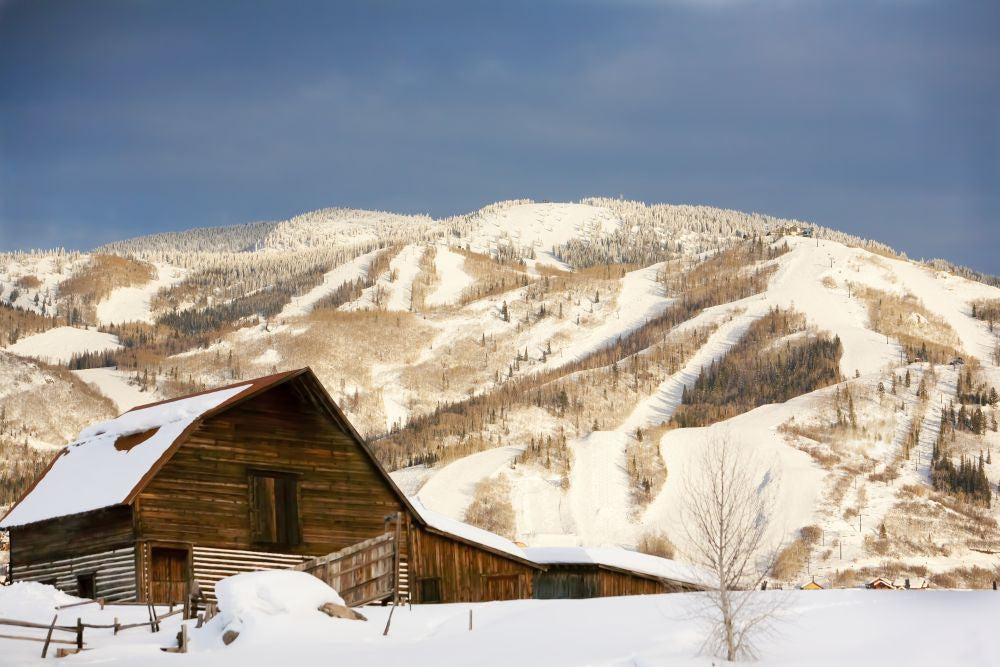 Steamboat Barn and Snow-Covered Mountains Poster Print by Ron Dahlquist