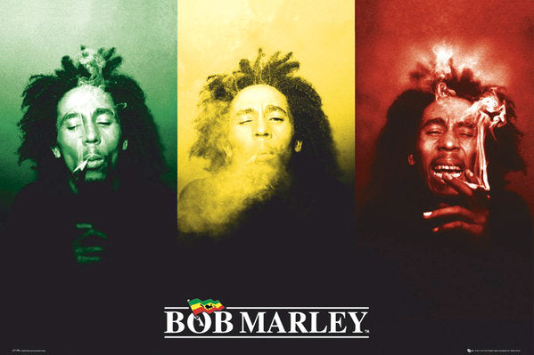 Bob Marley Flag Poster showcasing vibrant reggae colors and iconic imagery.