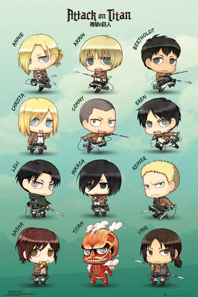 Attack on Titan Chibi Characters Poster featuring vibrant anime artwork.