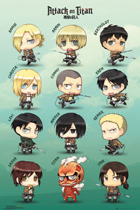 Attack on Titan Chibi Characters Poster featuring vibrant anime artwork.