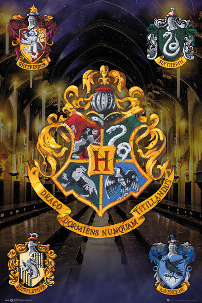 Harry Potter Crests Poster featuring house crests of Gryffindor, Slytherin, Hufflepuff, and Ravenclaw