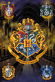 Harry Potter Crests Poster featuring house crests of Gryffindor, Slytherin, Hufflepuff, and Ravenclaw