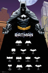 Batman Comics Logos Poster showcasing iconic superhero symbols.