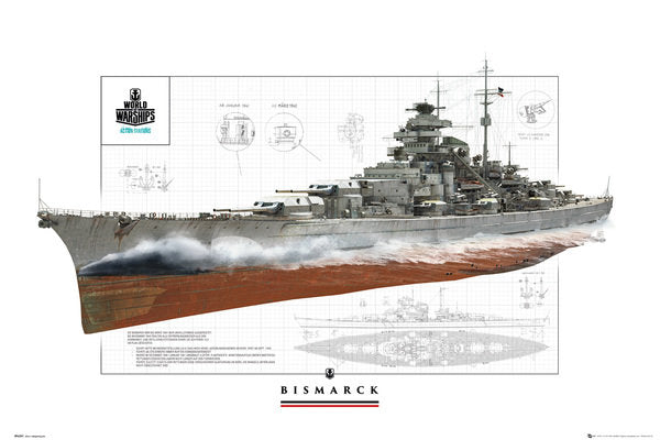 World of Warships Bismarck Poster Print showcasing the legendary battleship.