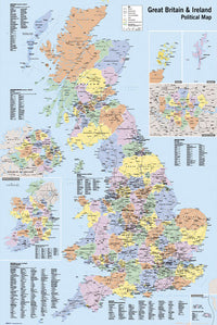 UK Political Map Poster Print - 22x34 Rolled Wall Art