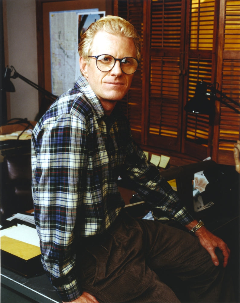 Close-up portrait photo print of Ed Begley Jr. in checkered long sleeve shirt.