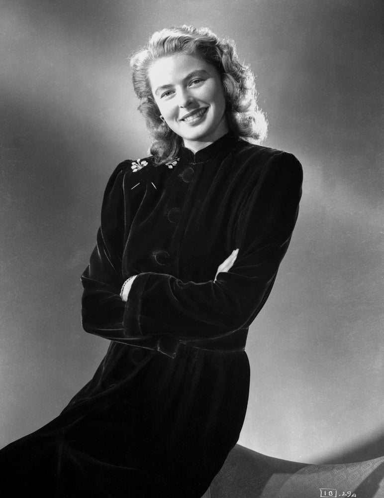 Ingrid Bergman posed in a long black dress photo print