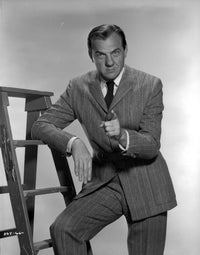 Karl Malden photo print by a ladder, capturing a classic moment.