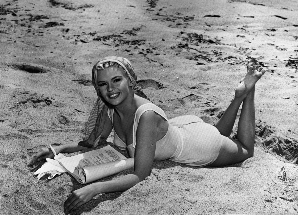 Jayne Mansfield in a swimsuit photo print showcasing vintage glamour.