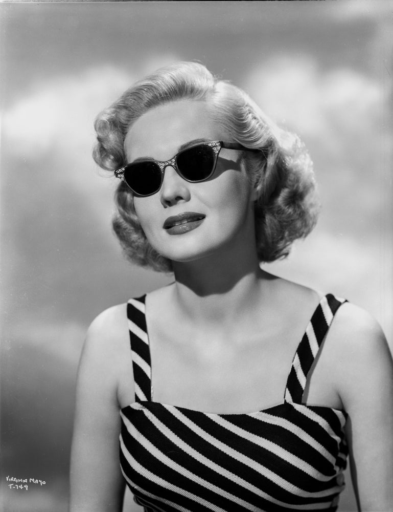 Virginia Mayo photo print in striped dress and sunglasses.