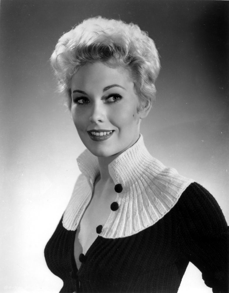 Kim Novak high collar photo print in elegant black and white style.