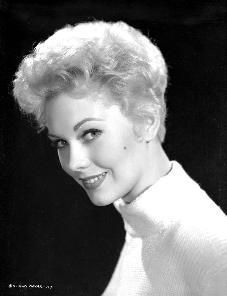 Kim Novak smiling photo print with black background